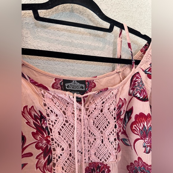 Angie Long Blouse Pink Lace Front Tie Crocheted Tassels Boho Western Small - Picture 2 of 7